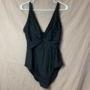 Twist Front Black One Piece Bathing Suit, L